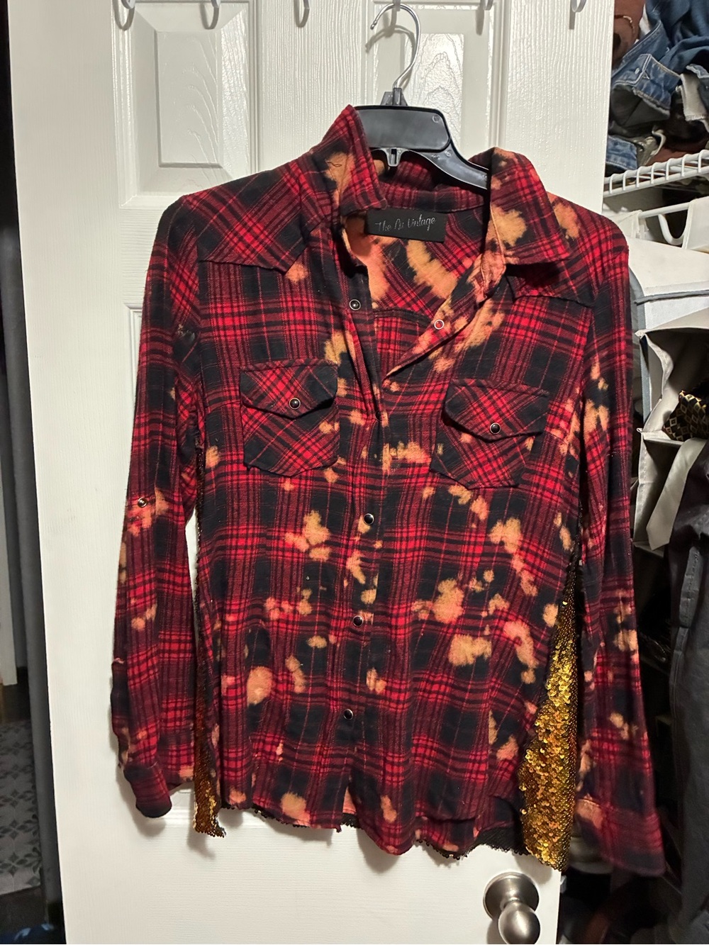 Tie-Dye Bleached Red & Black Plaid Button-Up Shirt